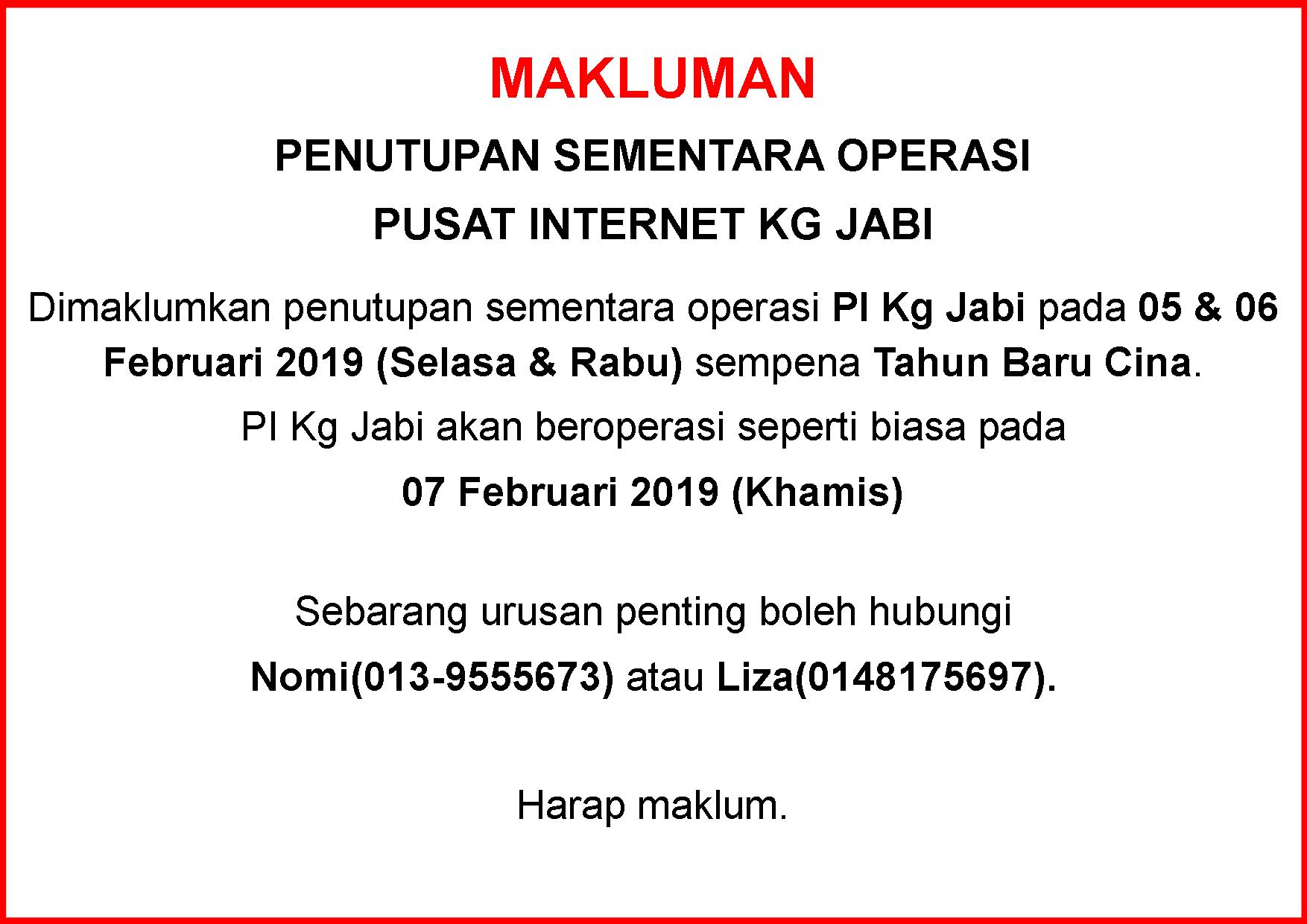 Notis Makluman Penutupan PI CNY